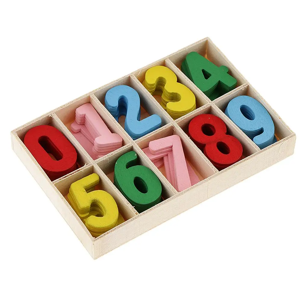 60Pcs Colorful Mini Wood 0-9 Arabic Number Embellishment With Wood Storage Tray for Kids Educational Toys Games for DIY Crafts