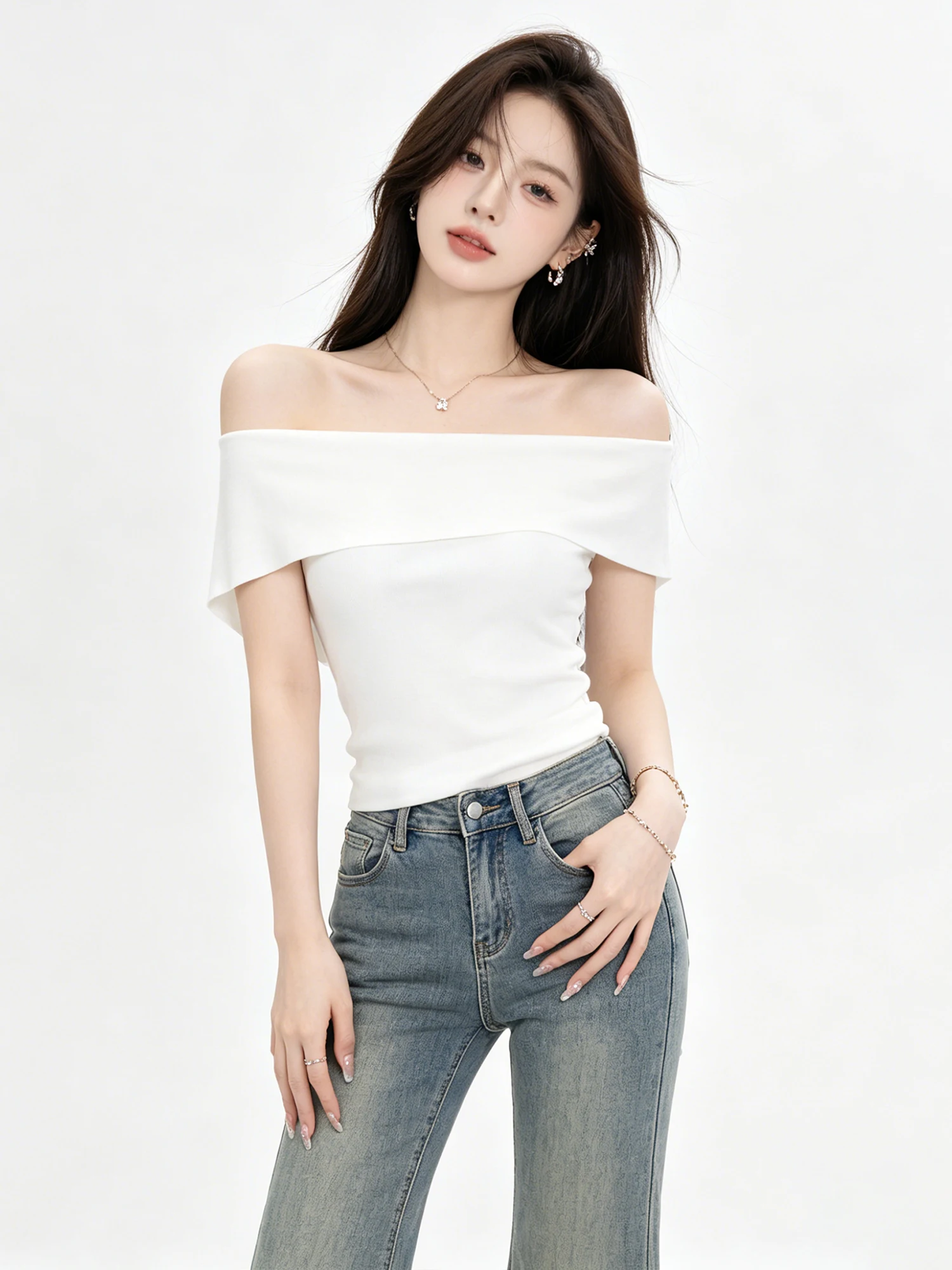 

Slim Fit Knitted Short Sleeve T-Shirt Women Summer New Style Sexy Style One Shoulder Design Breathable Comfortable Rylee Fiber