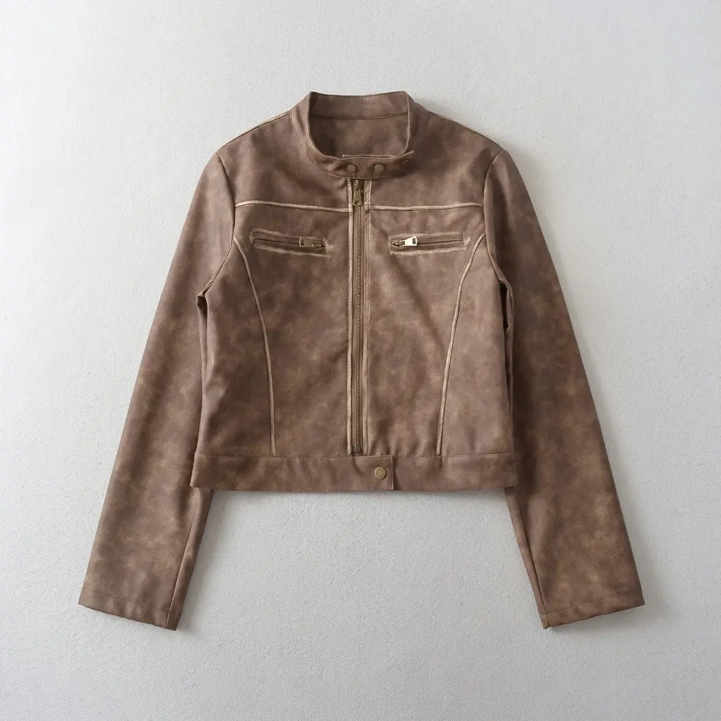 Chaqueta de cuero lavada desgastada Retro para mujer, abrigo corto ajustado con cuello levantado, estilo europeo americano, nuevo otoño