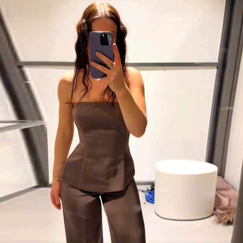 Zaza فاخر مثير الساتان أعلى بانت مجموعات للنساء حمالة الخصر النحيف سترة عارضة الصلبة السراويل 2025 جديد سيدة الخريف وتتسابق #2