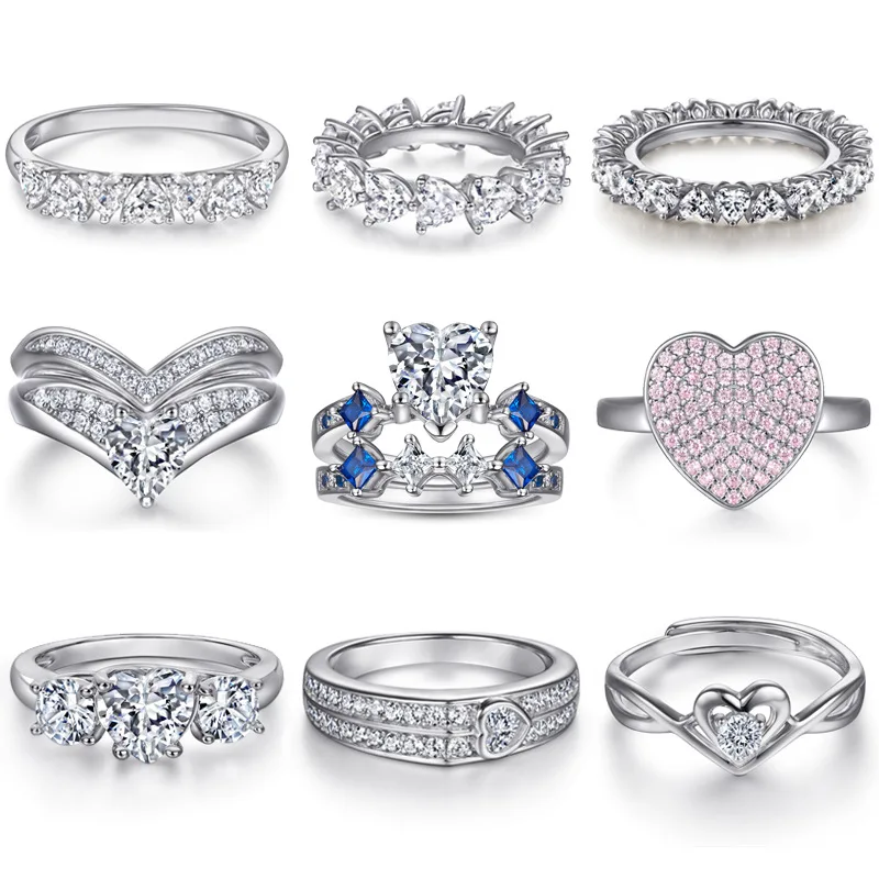 

S925 pure silver plated 18K gold PT950 platinum heart ring heart-shaped gemstone silver jewelry pink diamond full diamond ring