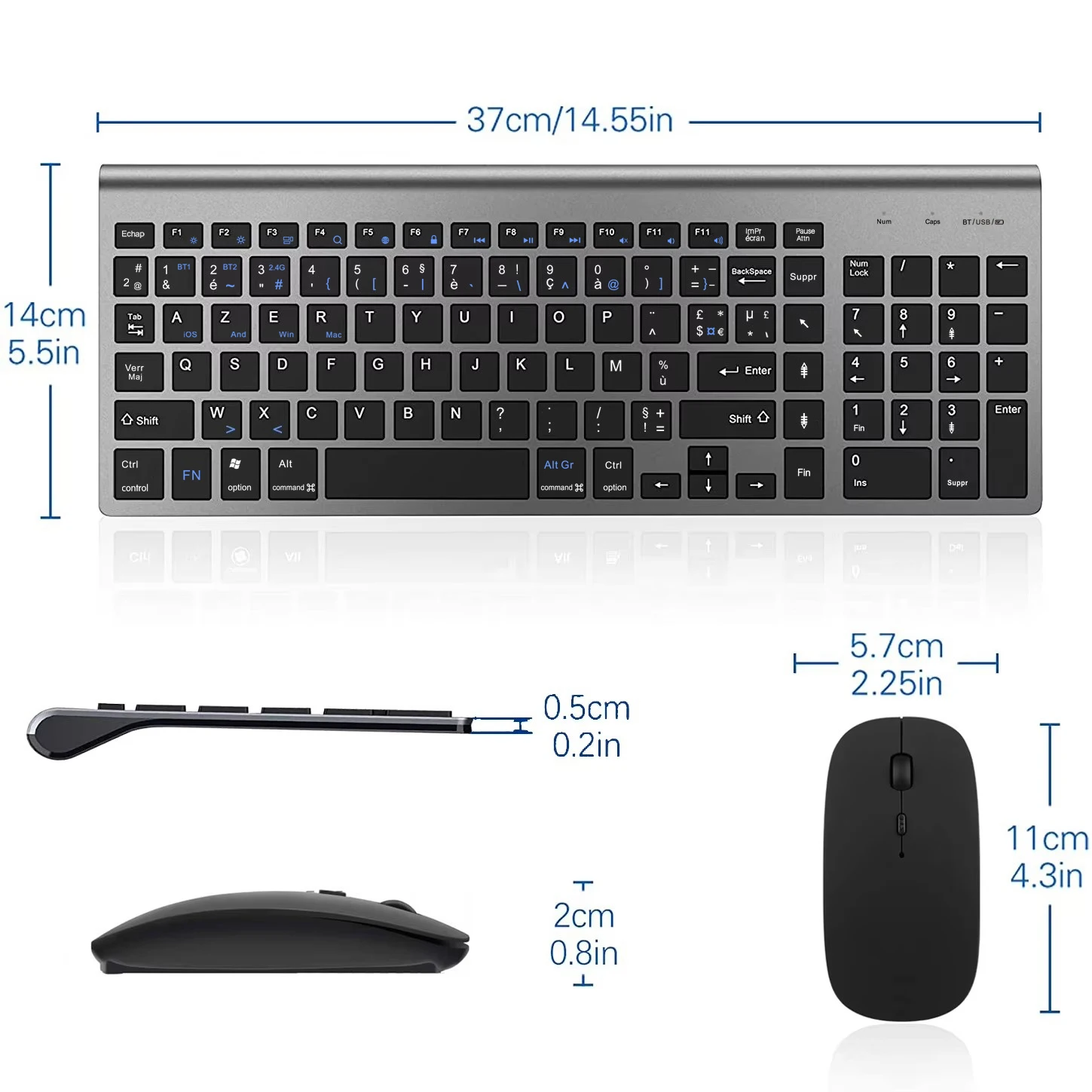 French AZERTY Layout Wireless Keyboard Mouse Dual Mode 2.4G+Bluetooth Ultra Thin Energy Saving for Windows IOS Mac Android