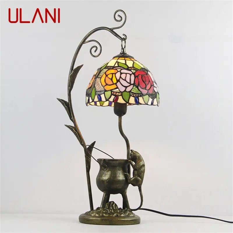 ULANI Tiffany Glass Table Light LED Creative Resin Bedside Desk Lamp Flower Shape Lampshade For Home Living Room Bedroom