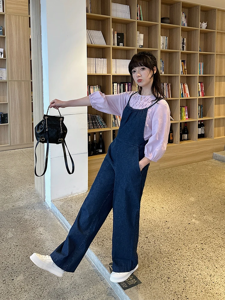 

Женский джинсовый комбинезон MOR с широкими штанинами, регулируемый, повседневный, винтажный, темно-синий, свободного кроя, удобный