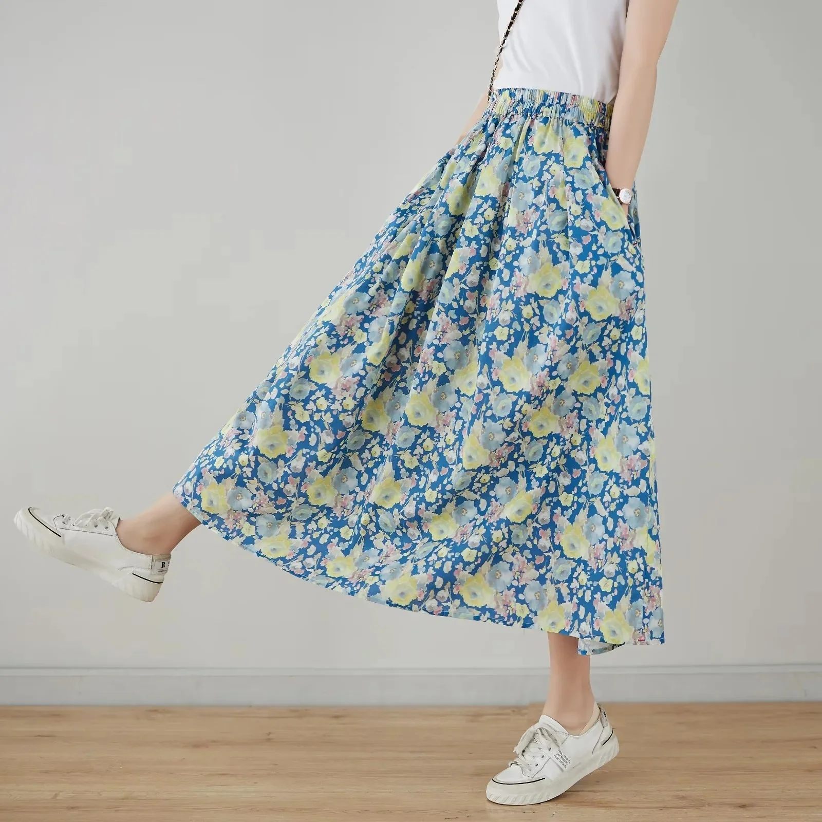 

Spring Autumn Cotton Linen Skirt Literary And Artistic Sweet Elastic Waist Blue Floral Printed Long Skirt Women's Clothes