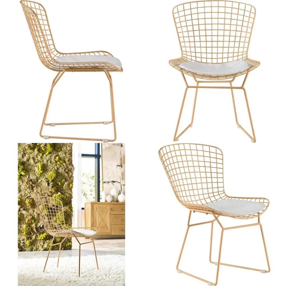 

Обеденный стул с геометрической сетчатой проволочной рамой, изогнутой спинкой, сиденьем из искусственной кожи, комплект из 2 шт., золотой