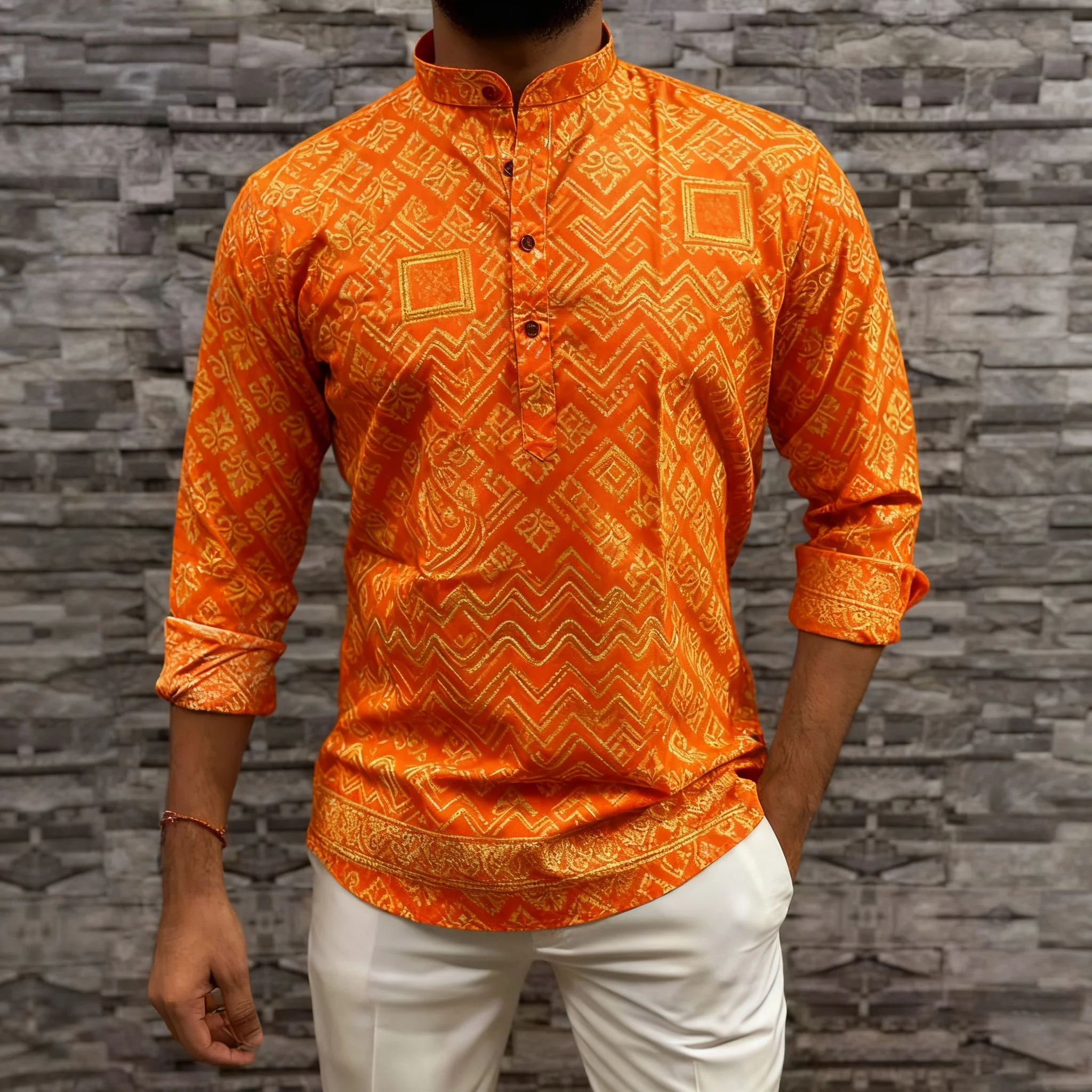 قميص رجالي مسلم بسيط قميص غير رسمي نمط الطباعة العرقية قميص طويل الأكمام الوقوف طوق البرق رقيقة الملابس الإسلامية رجل