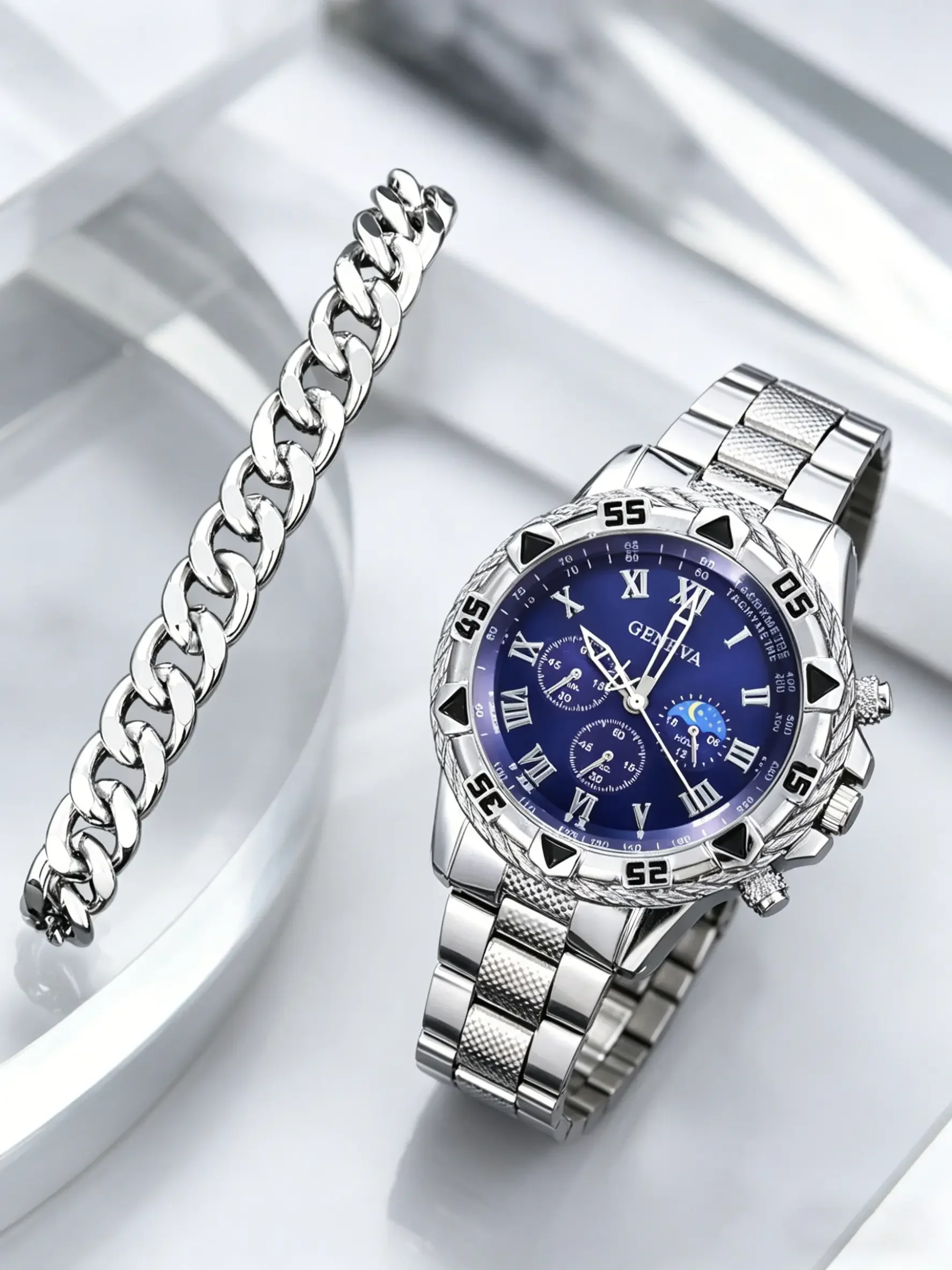 Business Fashion Casual Men's Quartz Analog Watch Set 2pcs with Bracelet, Ideal Gift for Daily Use, Parties