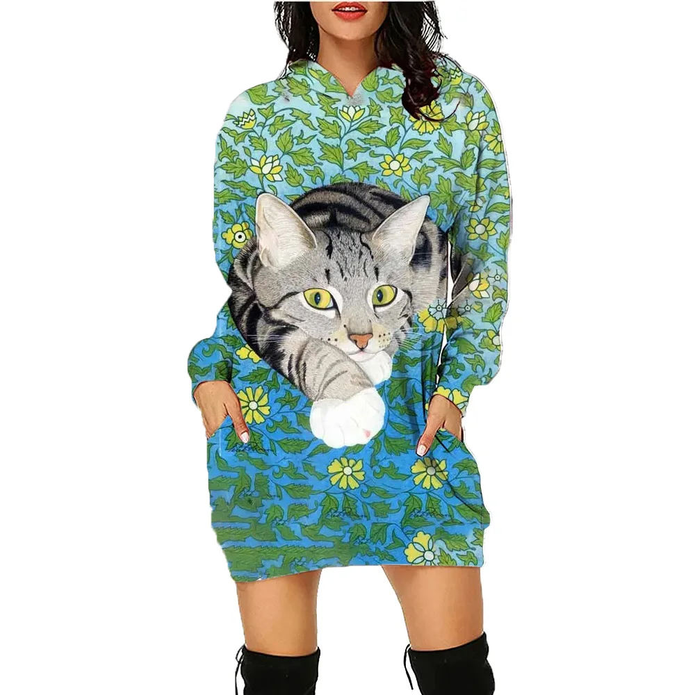 Cartoon Cat Printed Hoodie Dress Animal Women Daily Workout Hoodies Long Sleeve Pullover Autumn Winter Loose Tees Traf Vestido