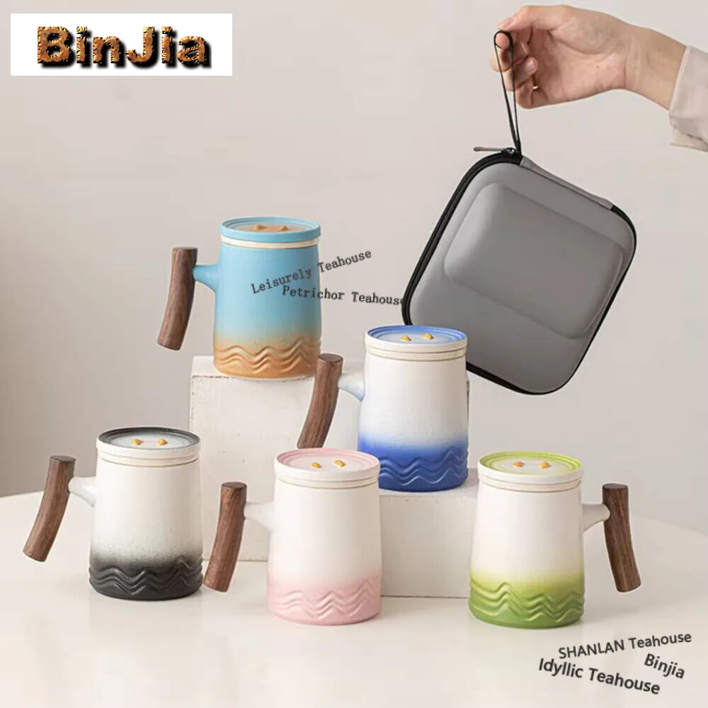 

Exquisite Ocean Wave Office Water Cup Ceramic Filter Tea Separator Cup Personal Mug with Lid Filtration Cup Portable Travel Bags