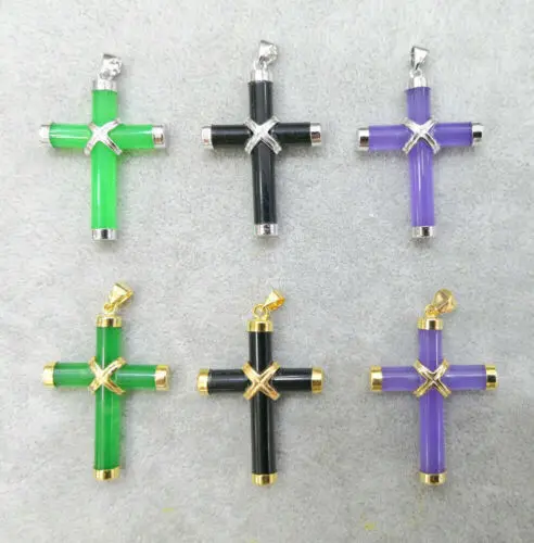 

Green Purple Jade Black Agate Gold Plated Cross Bless Happiness Pendant Necklace