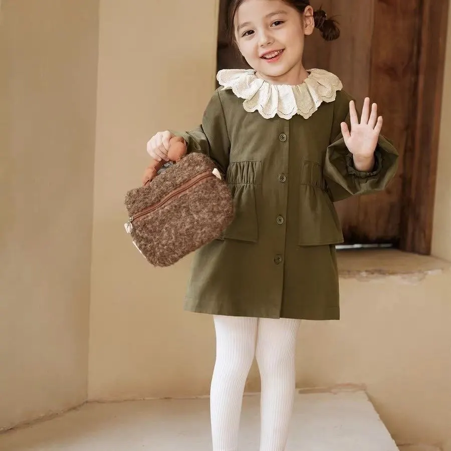 Girls Solid Color Trench Coat Spring Fall New Kids Doll Collar Lapel Jacket Baby Sweet Fashion Outerwear Children Casual Coat