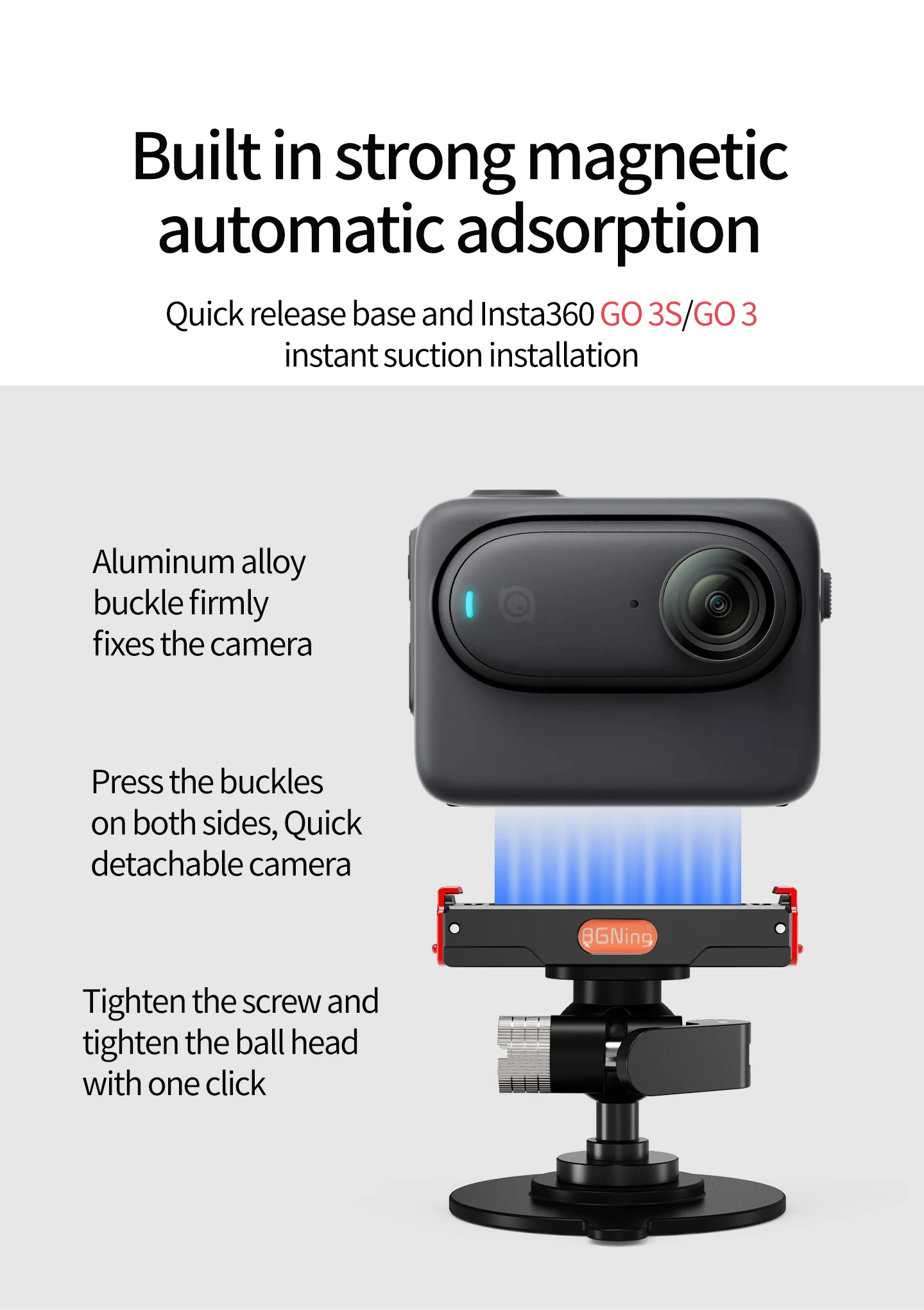 Verstellbare Kugelkopf-Kamerahalterung mit Klebe- und Saugnapfbefestigung für Motorrad und Auto, geeignet für Insta360 GO Ultra X5 X6 Ace Pro2 mit Magnetfuß – Detail 2