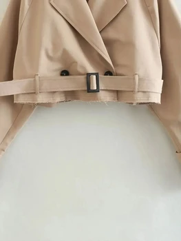 2024 Belt Cropped Trench Spring Jacket Women Vintage Streetwear Double Breasted Long Sleeve Top Female Coat Outfits 6