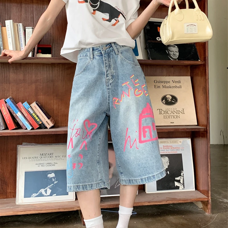

2025 Trend Women's Y2K Jeans - Dopamine Print Wide Leg Denim Capris Dongdaemun Style Colorful 3/4 Length Casual Pants 2699