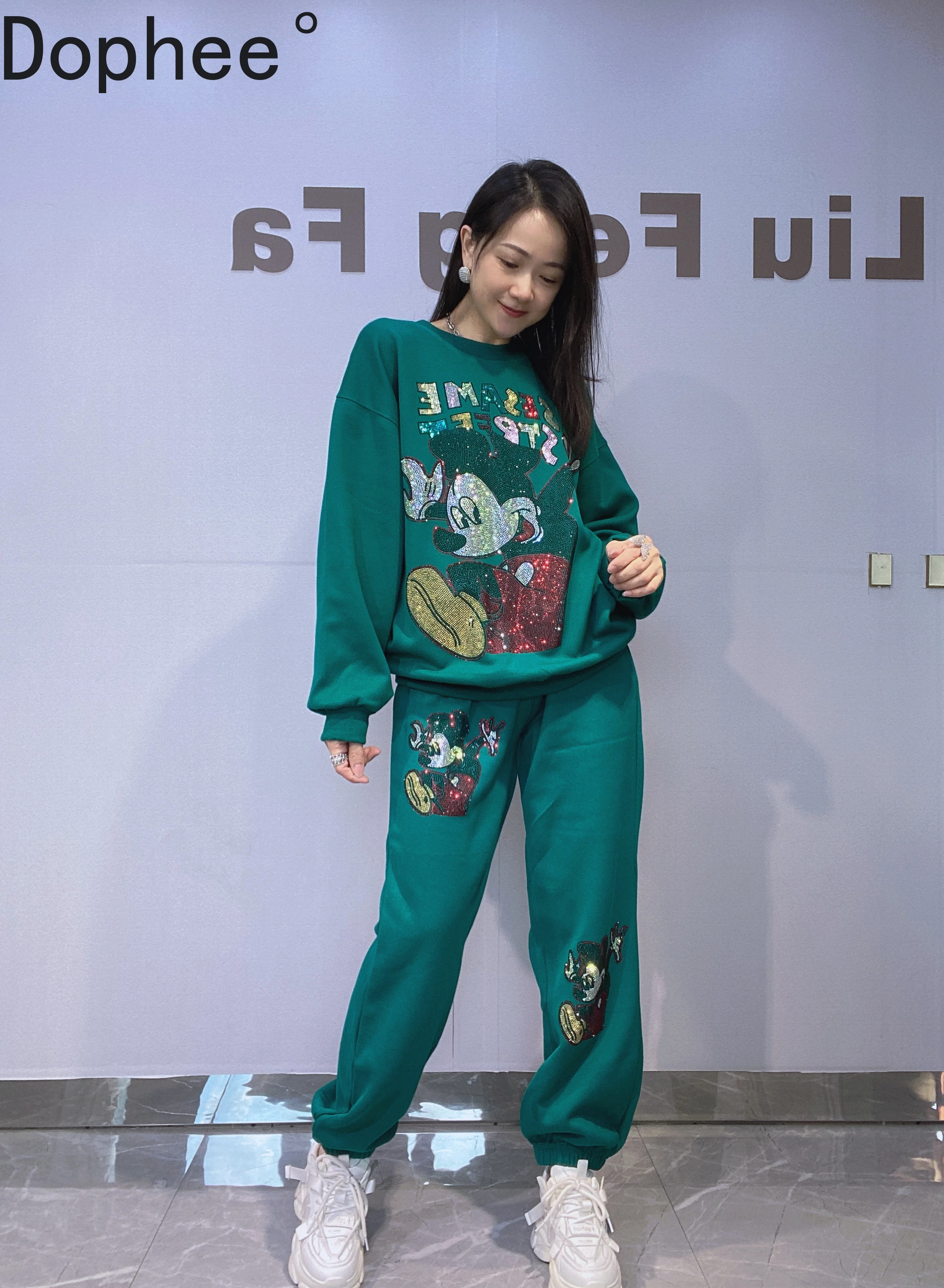 

Модные комплекты с капюшоном с Микки Диамантами, женские новые осенние пуловеры с круглым вырезом и длинными рукавами + повседневные спортивные брюки с эластичной резинкой на талии