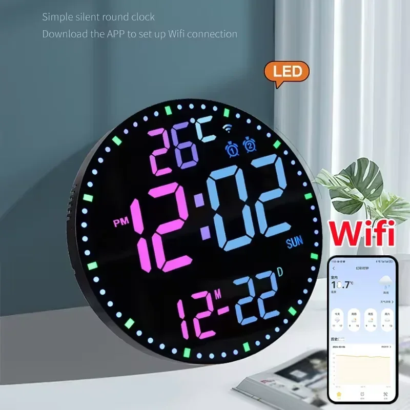 Inteligentne Wifi Kolorowy LED Duży cyfrowy zegar ścienny Temperatura Data Tydzień Wyświetlacz Podwójne alarmy Zegar cyfrowy 12/24h HomeDecor Remote