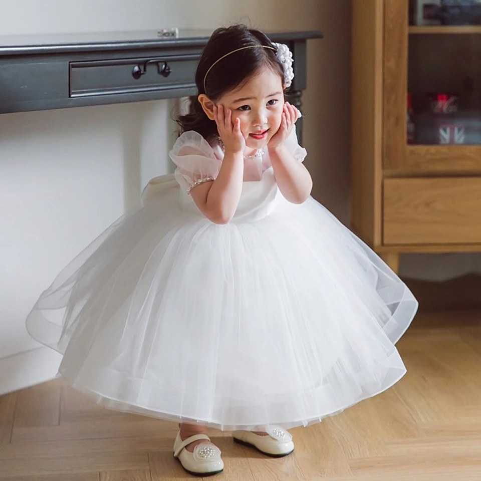 2022 White Flower Girl Dresses Children Birthday Party Puffy Wedding Dress For Kids First Communion Beading Vestidos De Novia