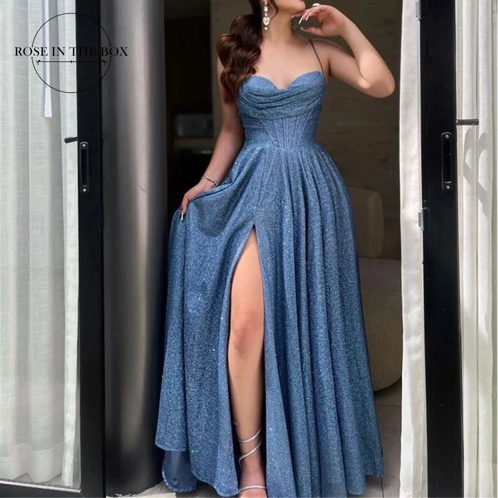 Elegant Long A-Line Sweetheart Glitter Prom Dresses Slit สปาเก็ตตี้สายรัดความยาวชั้น Robes De Soirée พรรคอย่างเป็นทางการชุด