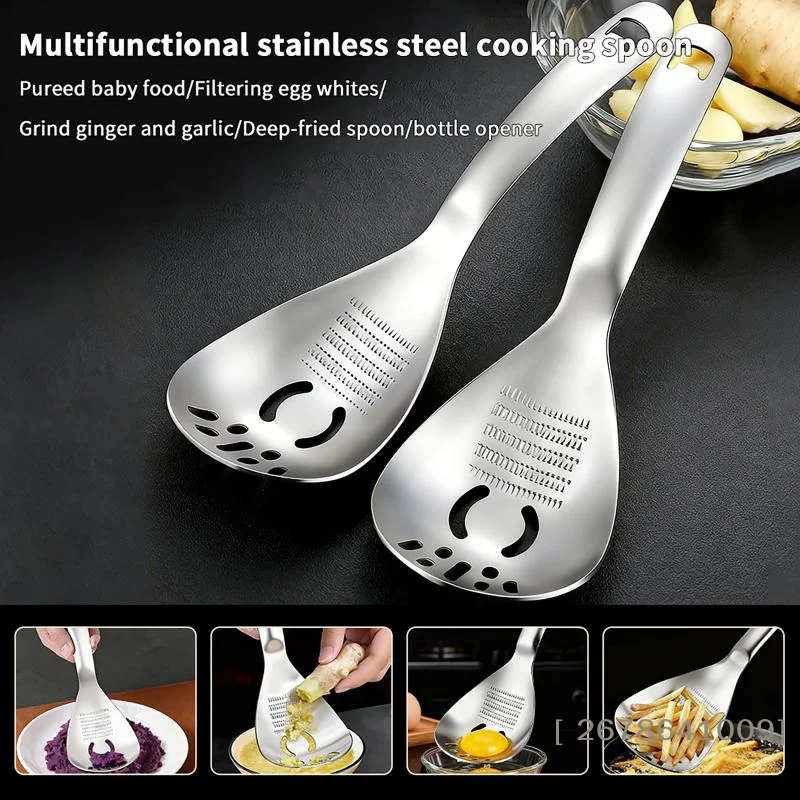 ⚑Multifunctional Stainless Steel Cooking Spoon,5-in-1 Kitchen Tool with Grater, Strainer,Masher & Bottle Opener