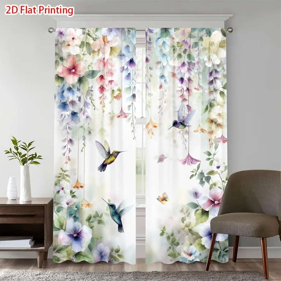 2PCS Digital Printed Curtains, Southern French Spring Pattern, Beautiful Window Drapes for Living Room Bedroom Home Decor
