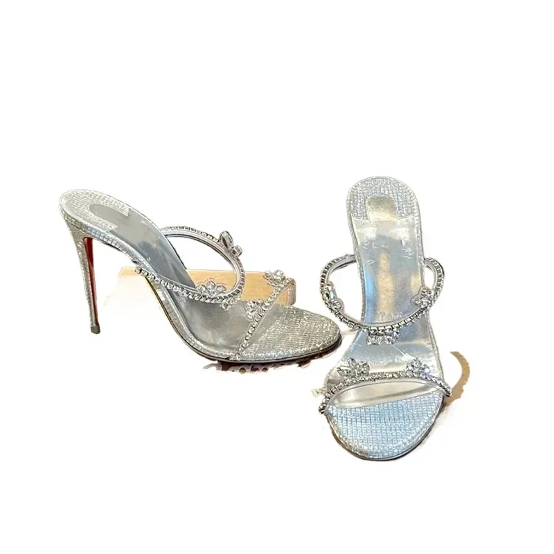 Straight with Silver Rhinestone Sandals Women's Stiletto Heel 2025 Summer New Crystal Transparent Sandals Temperament High Heels