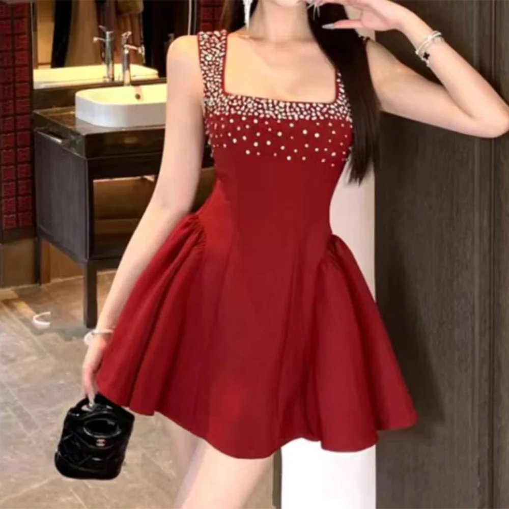 

suspender heavy industry nail diamond dress women's high-end feeling waist thin a-word short skirt