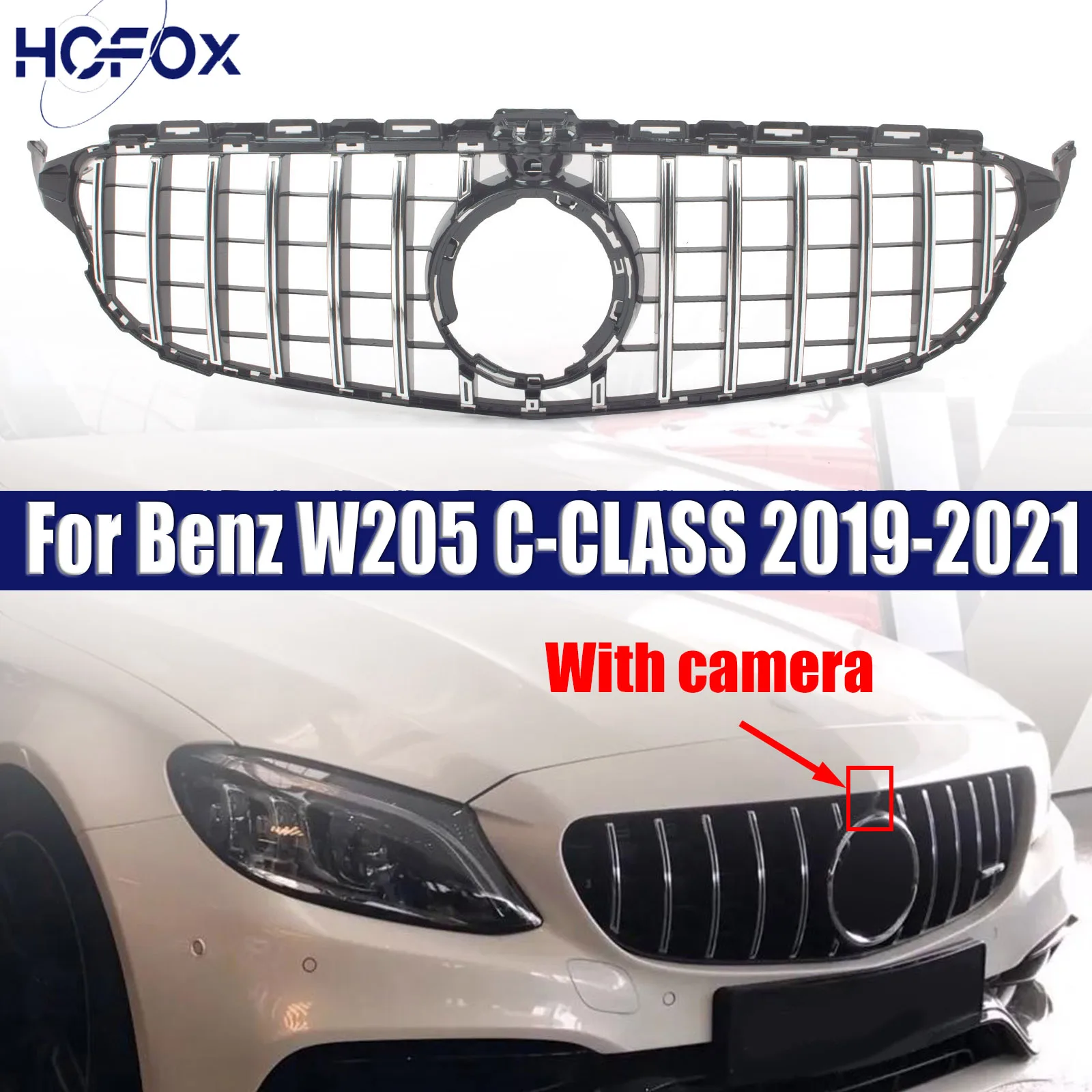 

For Benz W205 C-CLASS facelift 2019-2021 Car Front Bumper Grille Racing Inlet Grill Mesh With Camera Hole