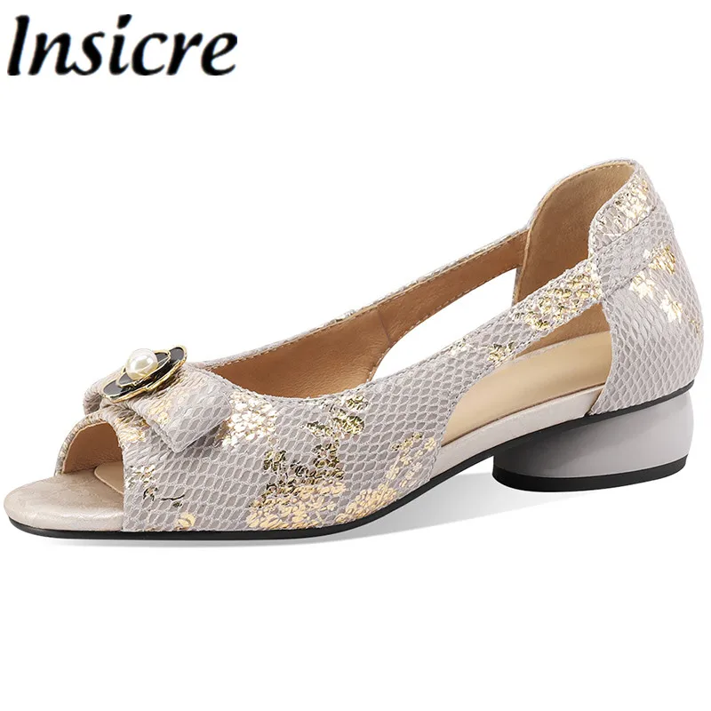 

Insicre Fashion Women's Sandals Print Sheepskin Peep Toe Metal Flower Thick Low Heels 2024 Summer Shoes Top Quality