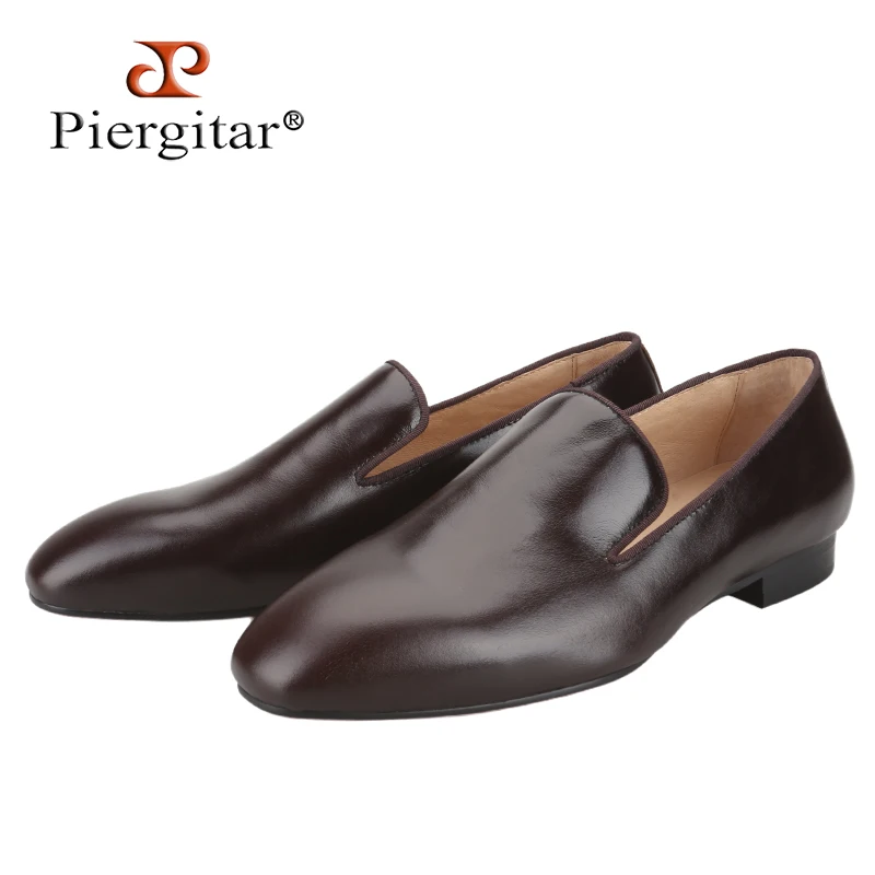Piergitar Coffee Colour Polished Calfskin Slip-On Belgian Loafers Handmade Men's Moccasins Luxury Brand 