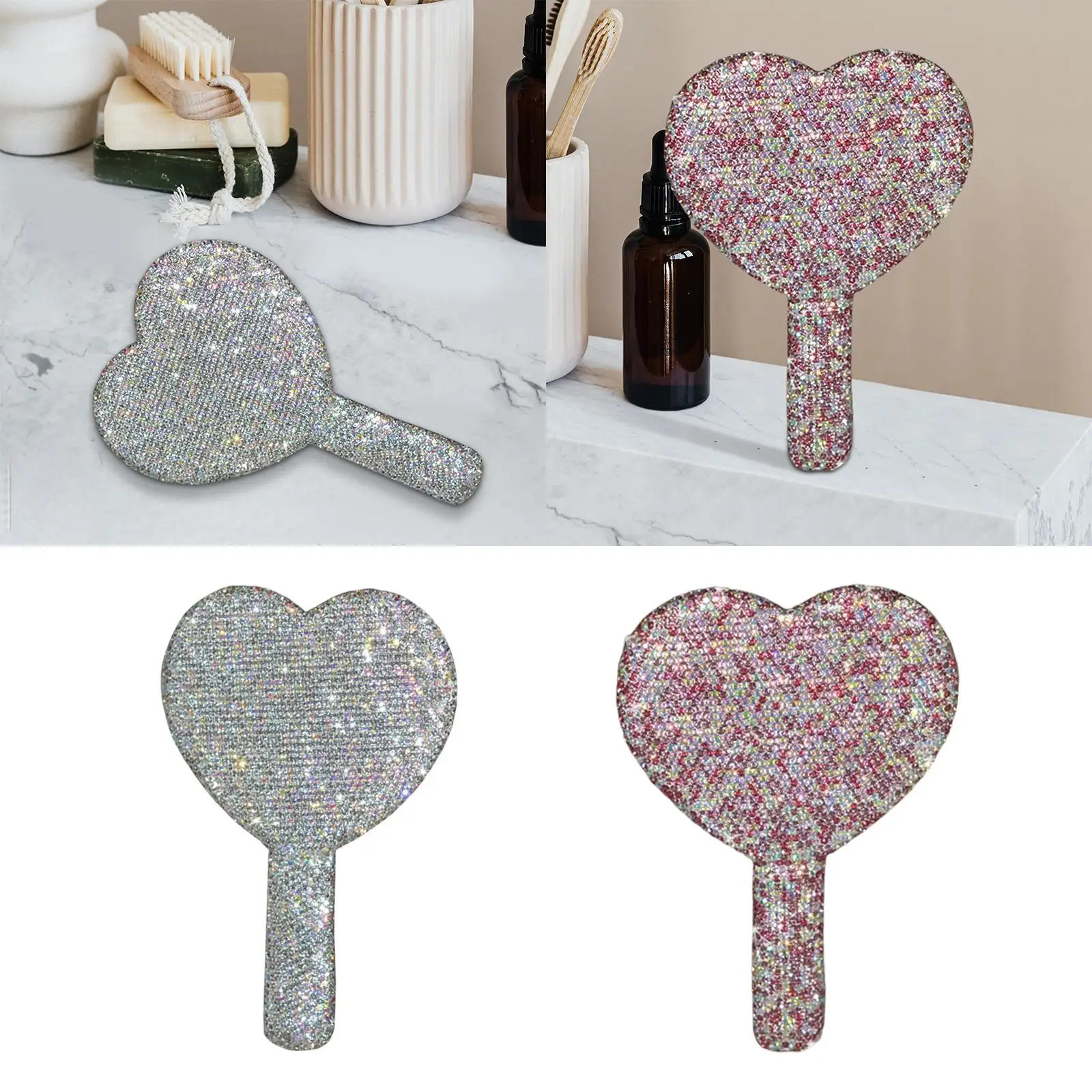 Handheld Makeup Mirror Rhinestone Decor Travel Mirror Hand Mirror for Women