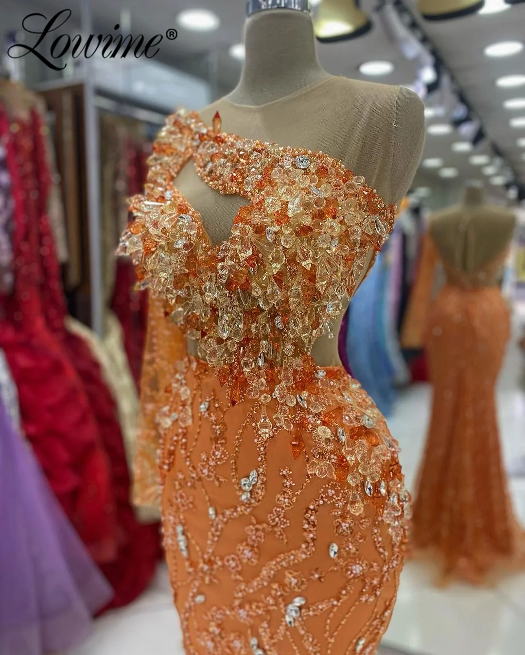 Crystals Orange Aso Ebi Mermaid Prom Dress One Shoulder Sequined Lace Evening Gowns Party Second Reception Dresses Custom Made