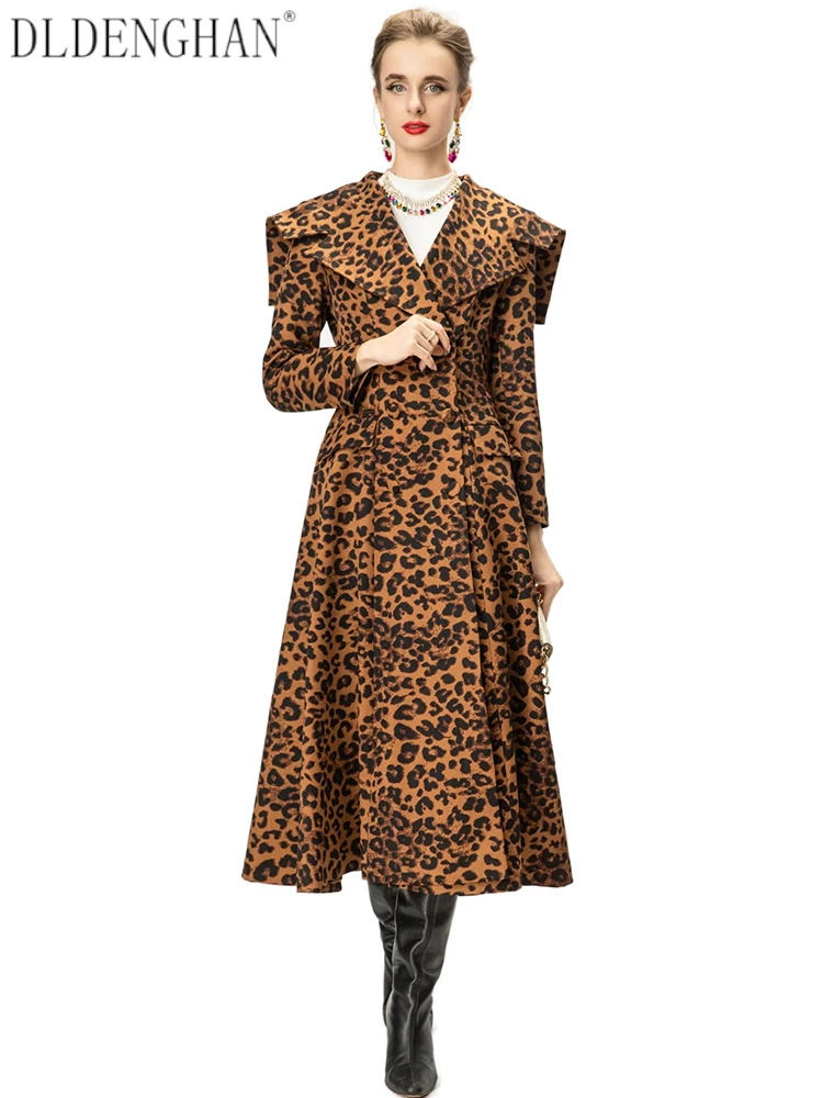 

DLDENGHAN Double Breasted Trench Coat For Women Sailor Collar Long Sleeves High Street Leopard Print Outerwear Autumn Female