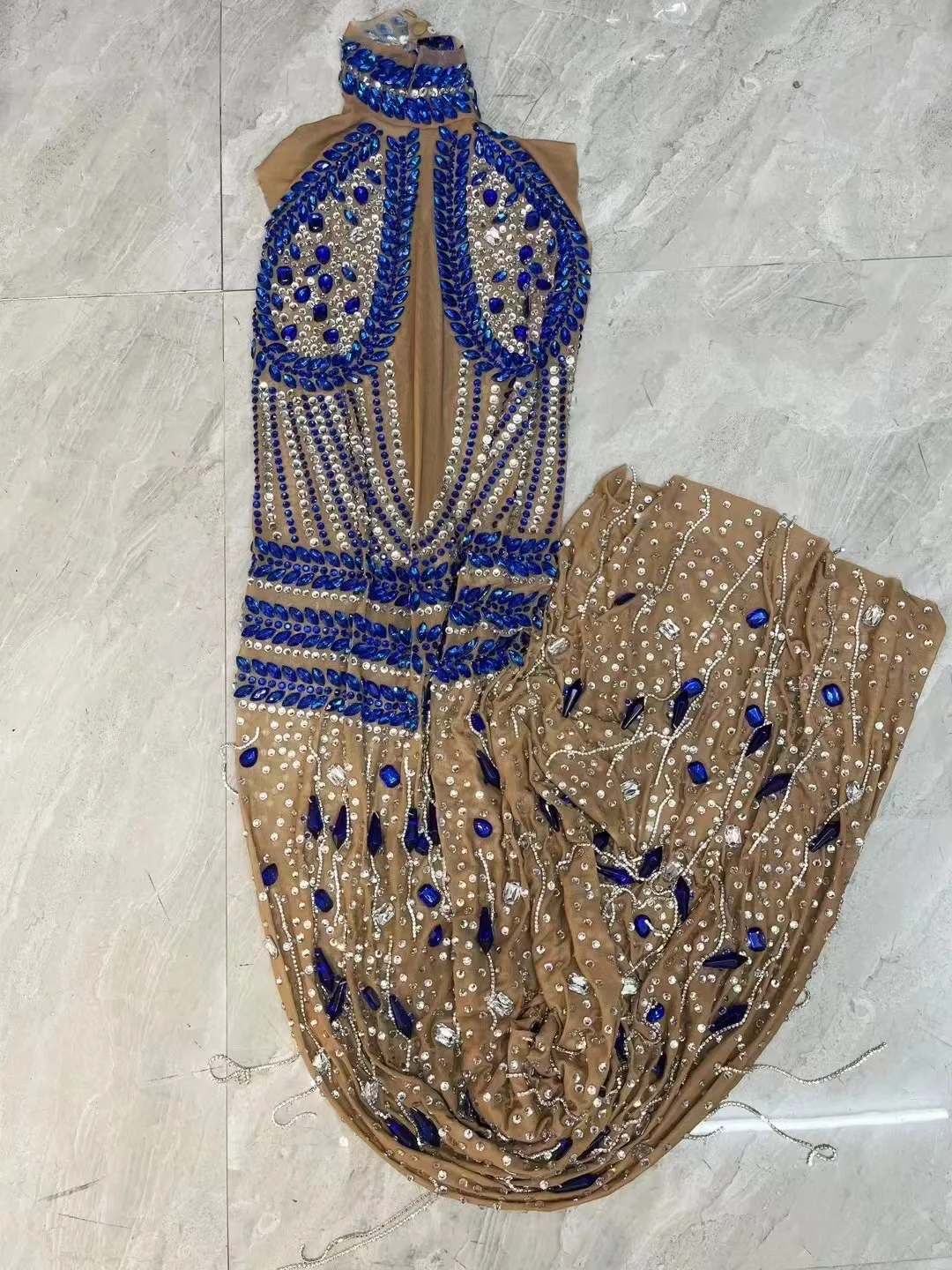 Vestido transparente de malla con flecos para mujer, traje Sexy con diamantes de imitación azules plateados, cadenas de cristales brillantes, colecciones de vestidos de fiesta de cumpleaños