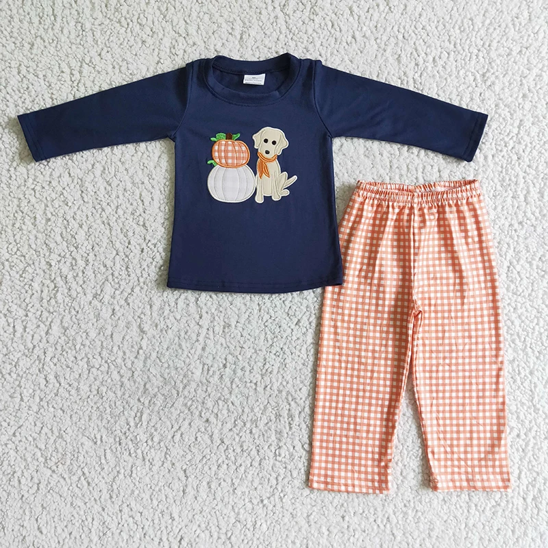 

Thanksgiving Baby Boy Embroidery Pumpkin Kid Clothes Infant Dog Cotton Shirt Pajamas Set Plaid Pants Toddler Children New Outfit