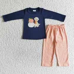 Thanksgiving Baby Boy Embroidery Pumpkin Kid Clothes Infant Dog Cotton Shirt Pajamas Set Plaid Pants Toddler Children New Outfit