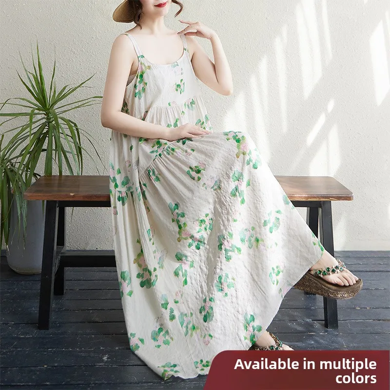 Summer New Cotton Linen Print Thin Splicing Long Dr Strapl Loose Slimming Cake Skirt High Waist Commute Sle Maxi Dr
