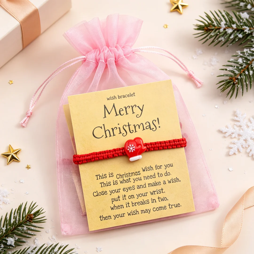 1 Christmas resin cartoon pendant, red rope woven bracelet, with Christmas card included, mesh bag, Christmas gift jewelry