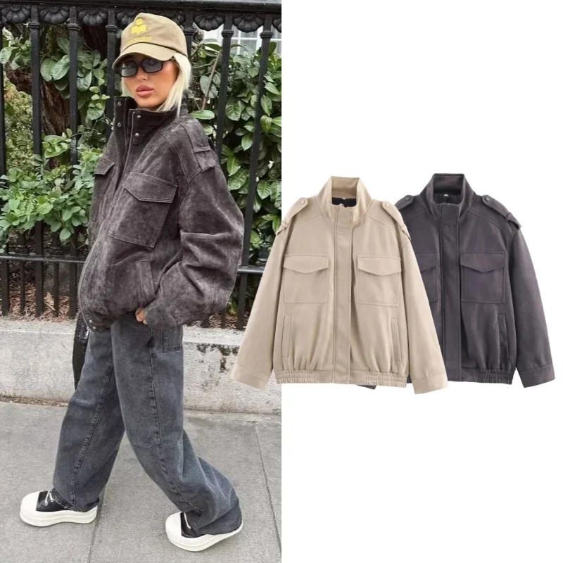 

HipSeam Suede Leather Jacket with Zipper Autumn Casual Vintage Stand Collar Pockets Woman Short Coats Female Tops