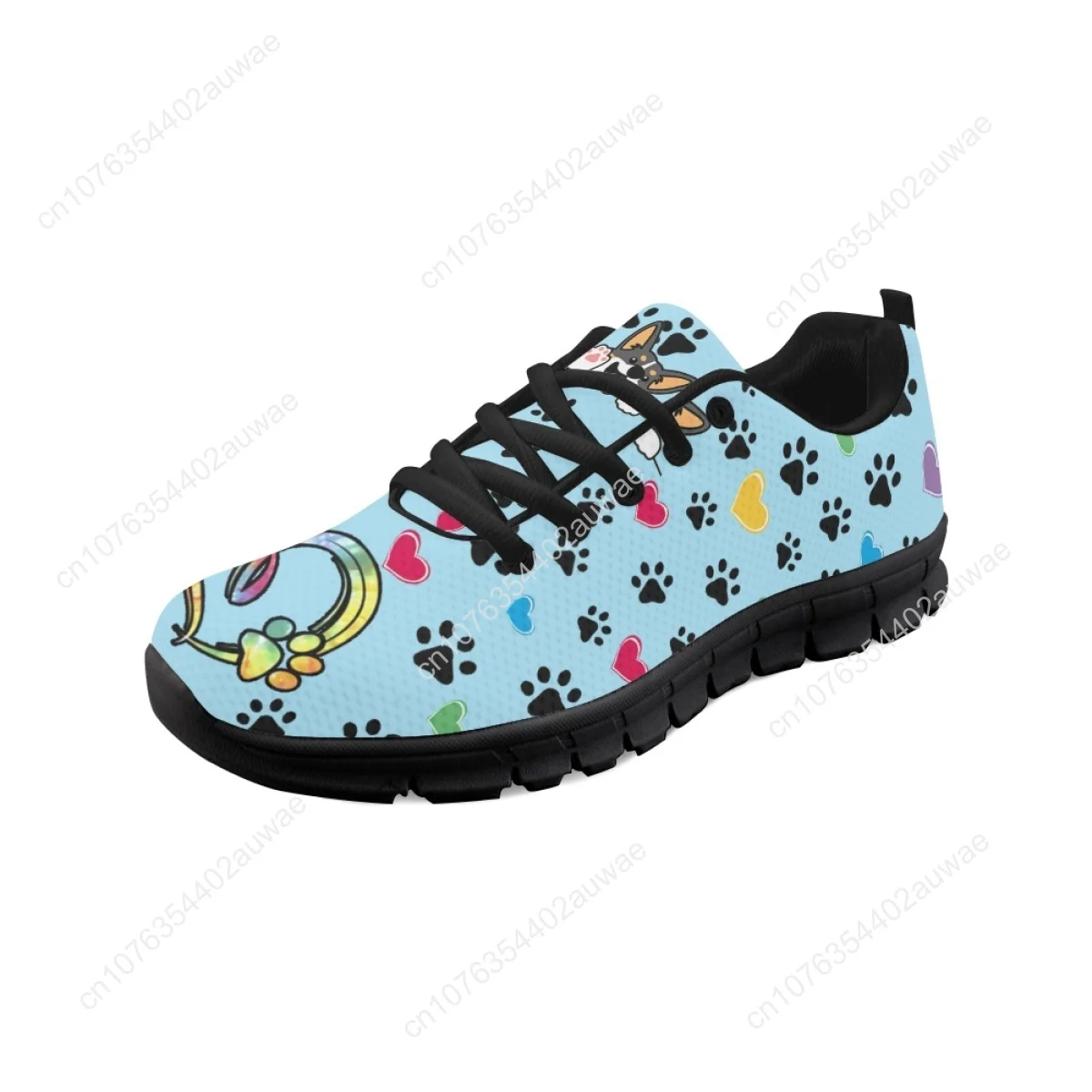 Galês Corgi Cartoon Padrão Sapatos baixos para amantes de cães, leve Lace Up Sneakers, calçado de caminhada respirável, Kawaii