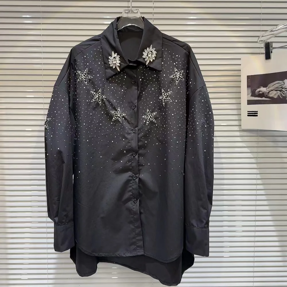 Luxury Exquisite Sparking Diamonds Loose Long Shirts and Blouses For Women 2024 Spring Long Sleeve Black White Tops Blusas