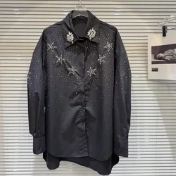 Luxury Exquisite Sparking Diamonds Loose Long Shirts and Blouses For Women 2026 Spring Long Sleeve Black White Tops Blusas
