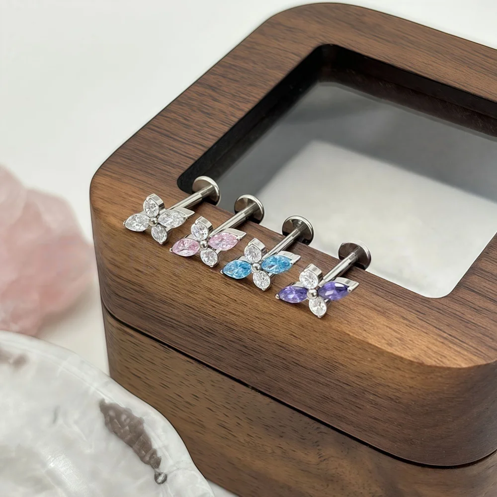 16G Titanium Internal Thread Earrings with CZ Lucky Clover G23 Labret Tragus Helix Cartilage Flat Back Lip Piercing Jewelry