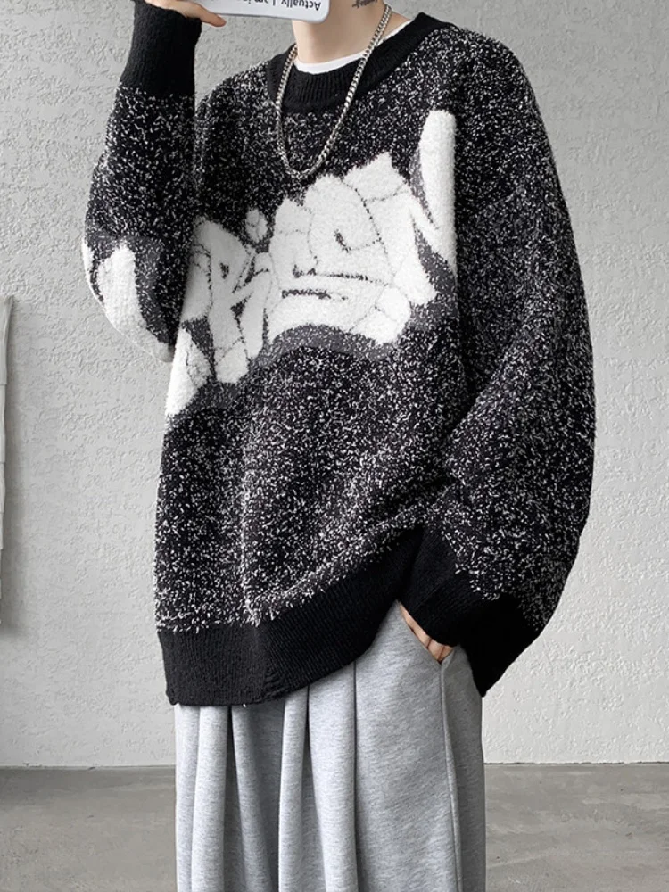 

Корейский мужской вязаный свитер Laid-ba Sle, осенне-зимний, свободного кроя, с круглым вырезом, базовый слой, повседневный, удобный, с геометрическим принтом