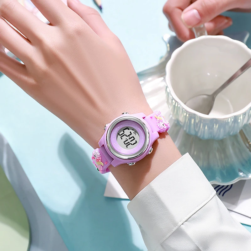 다기능 전자 시계, 화려한 야간 조명 실리콘 어린이 스포츠 시계, 알람 시계, 만화 유니콘 디자인