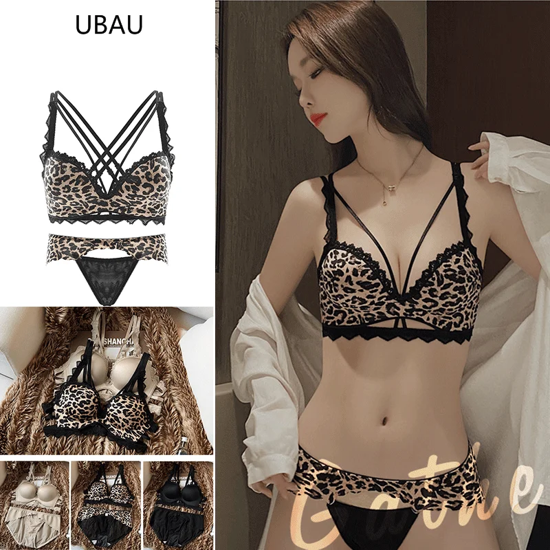 UBAU-ropa interior bonita para mujer, sujetador sexy con estampado de leopardo, pechos pequeños engrosados, fruncido, sin anillo de acero, ahuecado