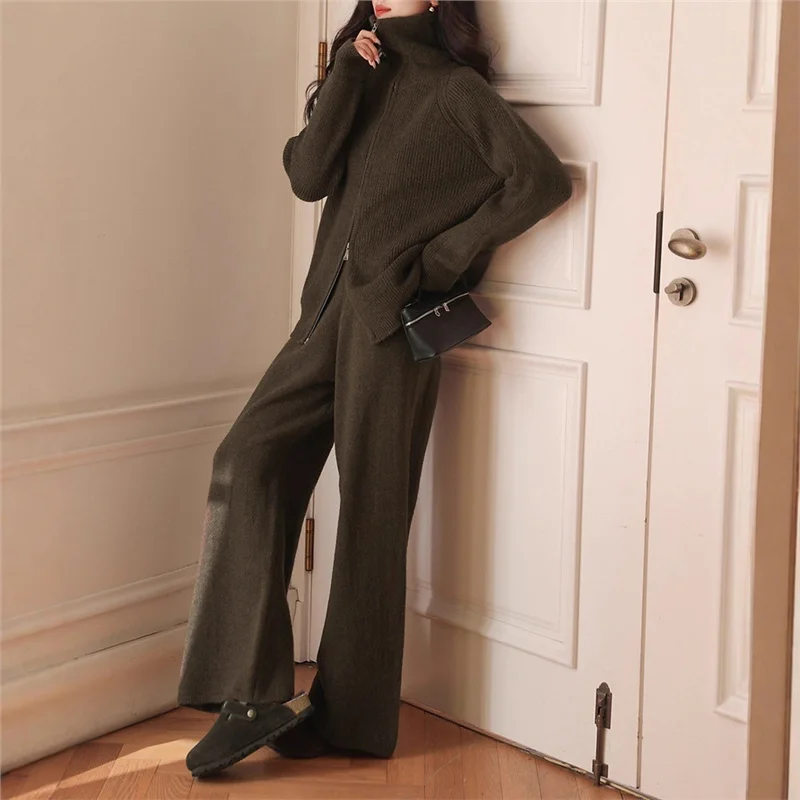 Women's New Autumn Winter Collared  Zip Ribbed Knit 2-Piece Set Oversized Wide Leg Pants Fashion Sweater Suit