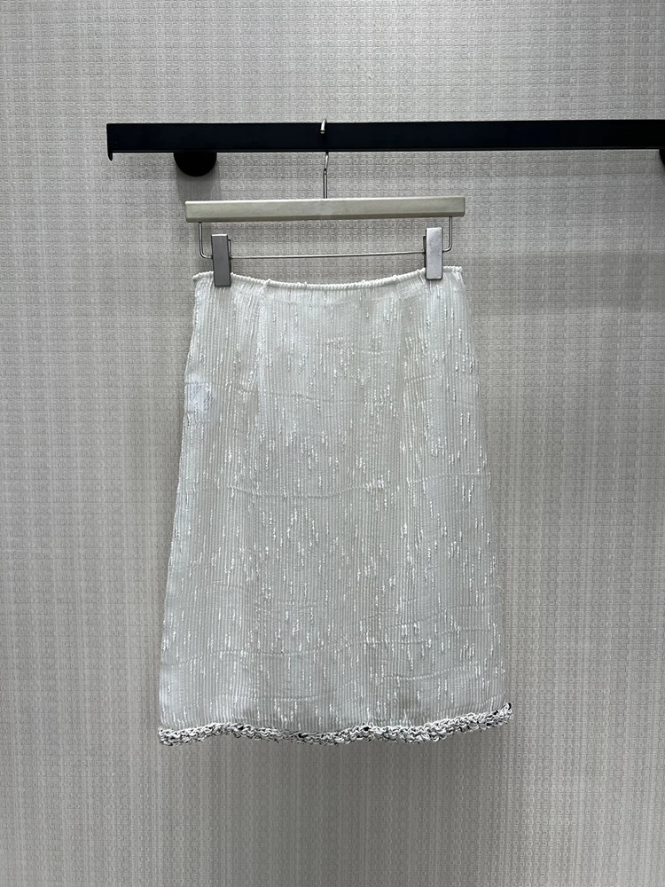 Summer Fashion White Elegant Thin Style Silk Liner Knee-Length Pencil Skirt Women's Weave Middle Waist Sequins Ladybug Skirt