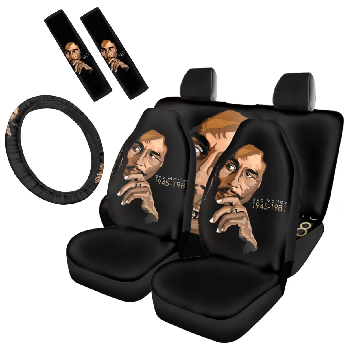 Bob Marly Print Front and Back Car Interior Seat Cover Heavy-Duty Nonslip Shoulder Strap Pads Steering Wheel Covers 7 Pieces