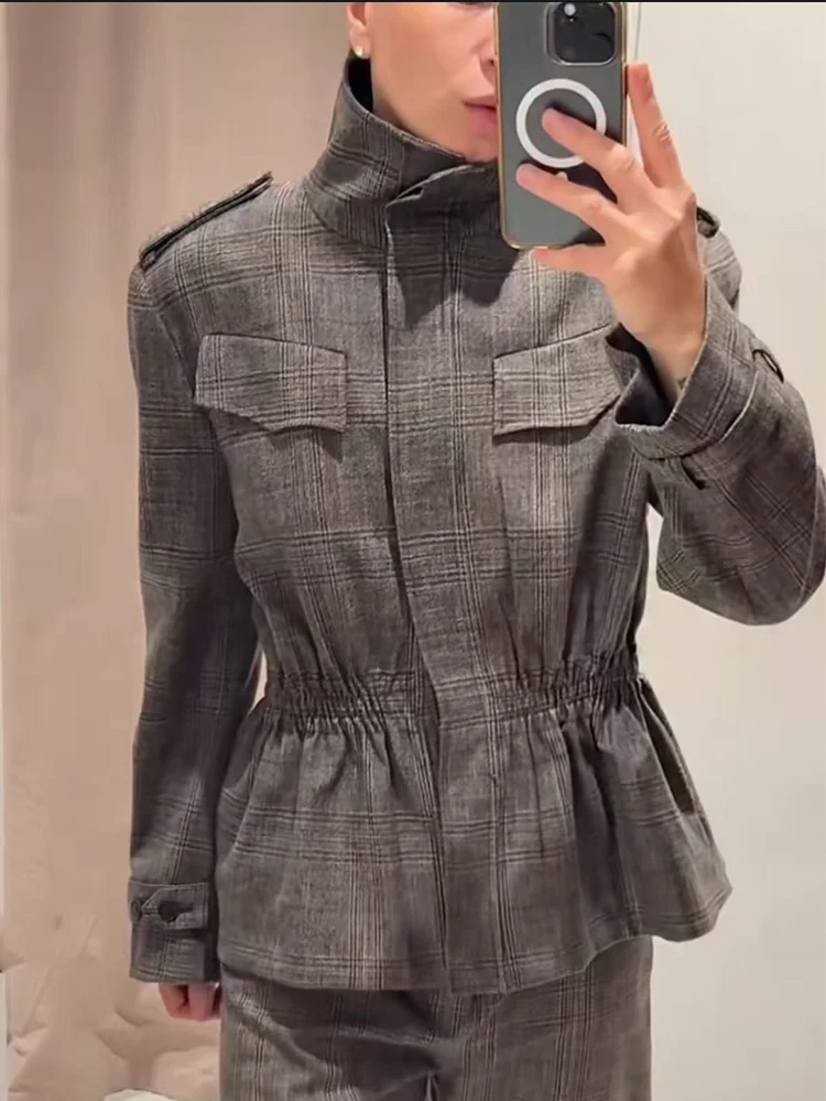 TFMLN, conjunto de pantalones y abrigo a cuadros para mujer, chaqueta Vintage con cuello levantado y cintura informal, traje de pantalones a la moda para Otoño e Invierno 2025